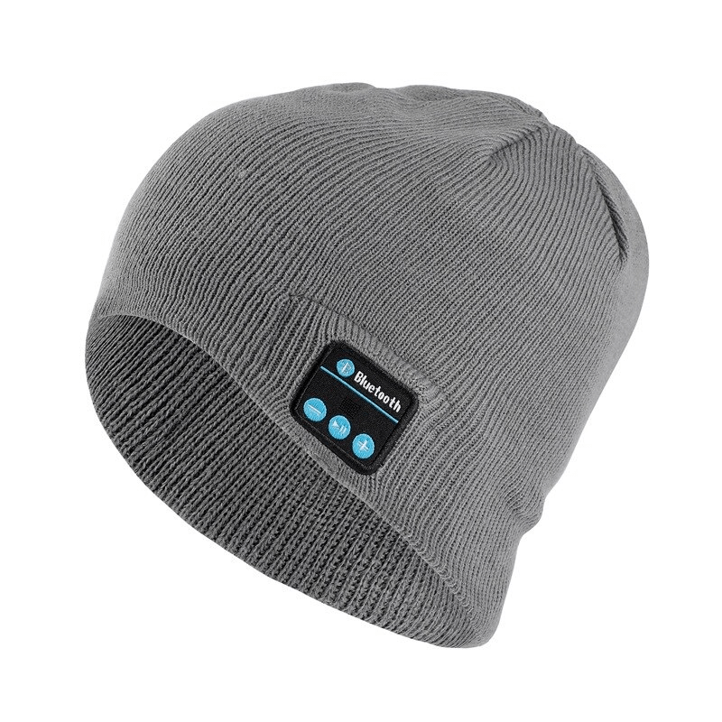 Gray stylish sport beanie with built-in wireless headphones, perfect for unisex outdoor activities, featuring volume control. SF0828